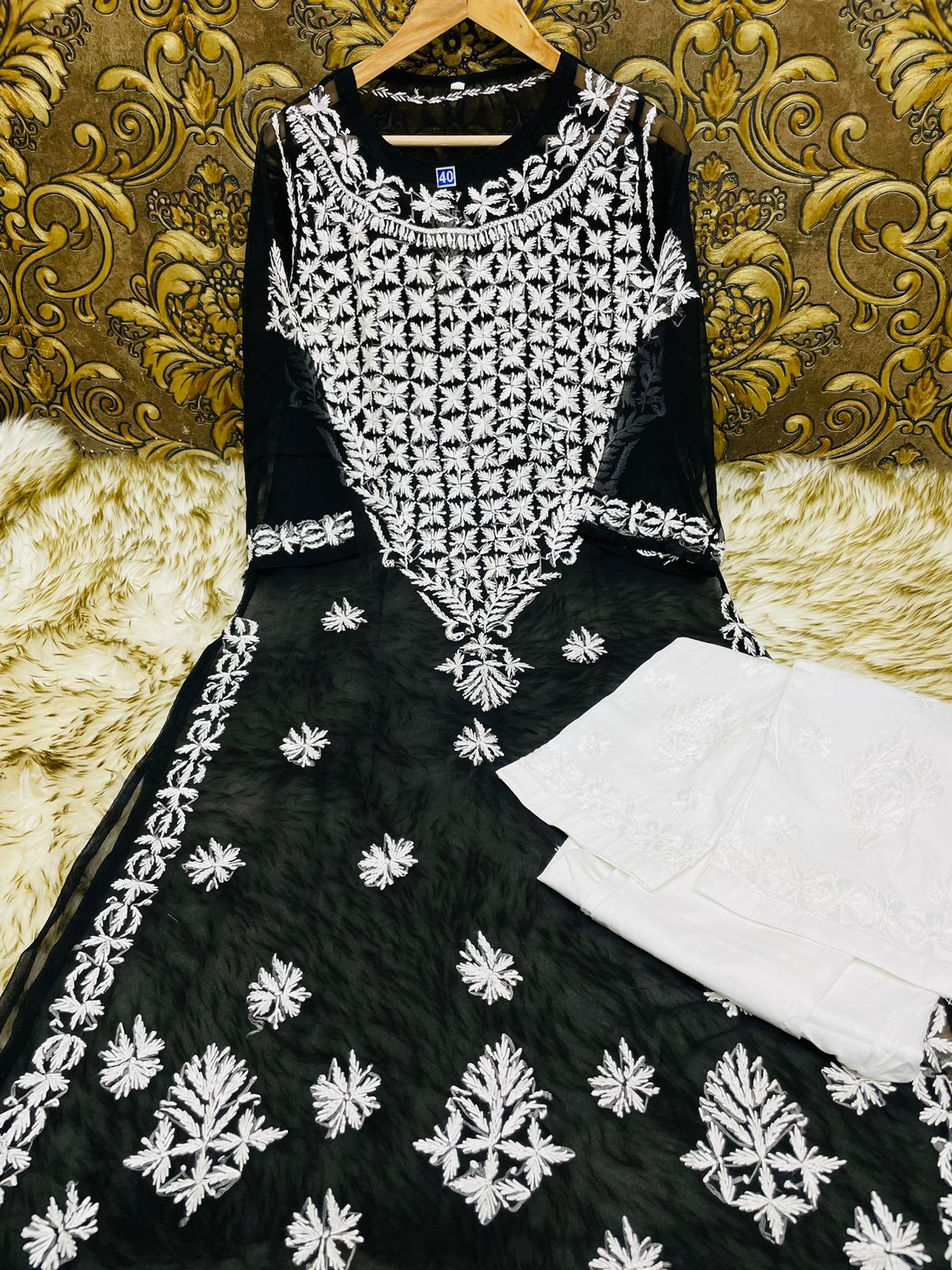 Twara black boat neck with 3/4th sleeve intricately printed with glitter  work cotton umbrella kurti